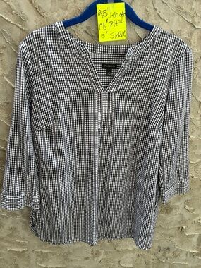Talbots Navy White Gingham Split-Neck 3/4 Sleeves Pop Over Tunic Size S Worn 1x